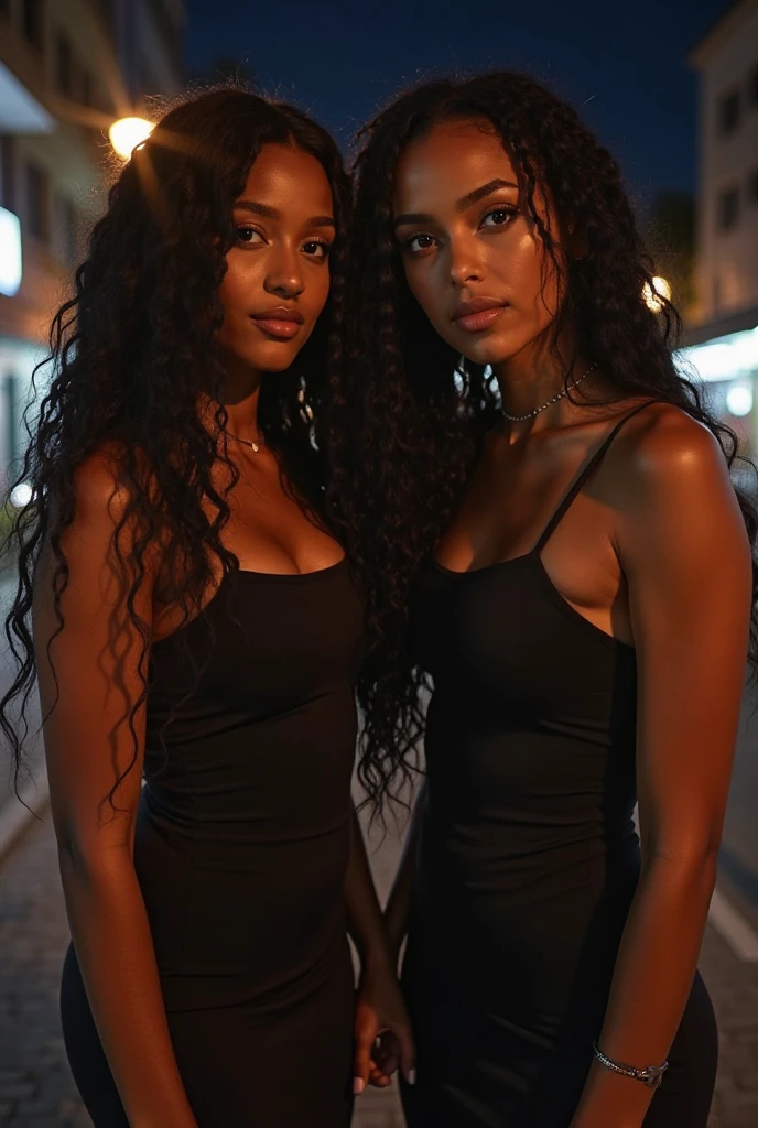 2 girls 1 light skinned 1 dark skinned both of the girls standing in front of an arc of lights and in a black dress bath girls tall dark skinned girl has brown short Afro light skinned girl has light brown wavy long hair
