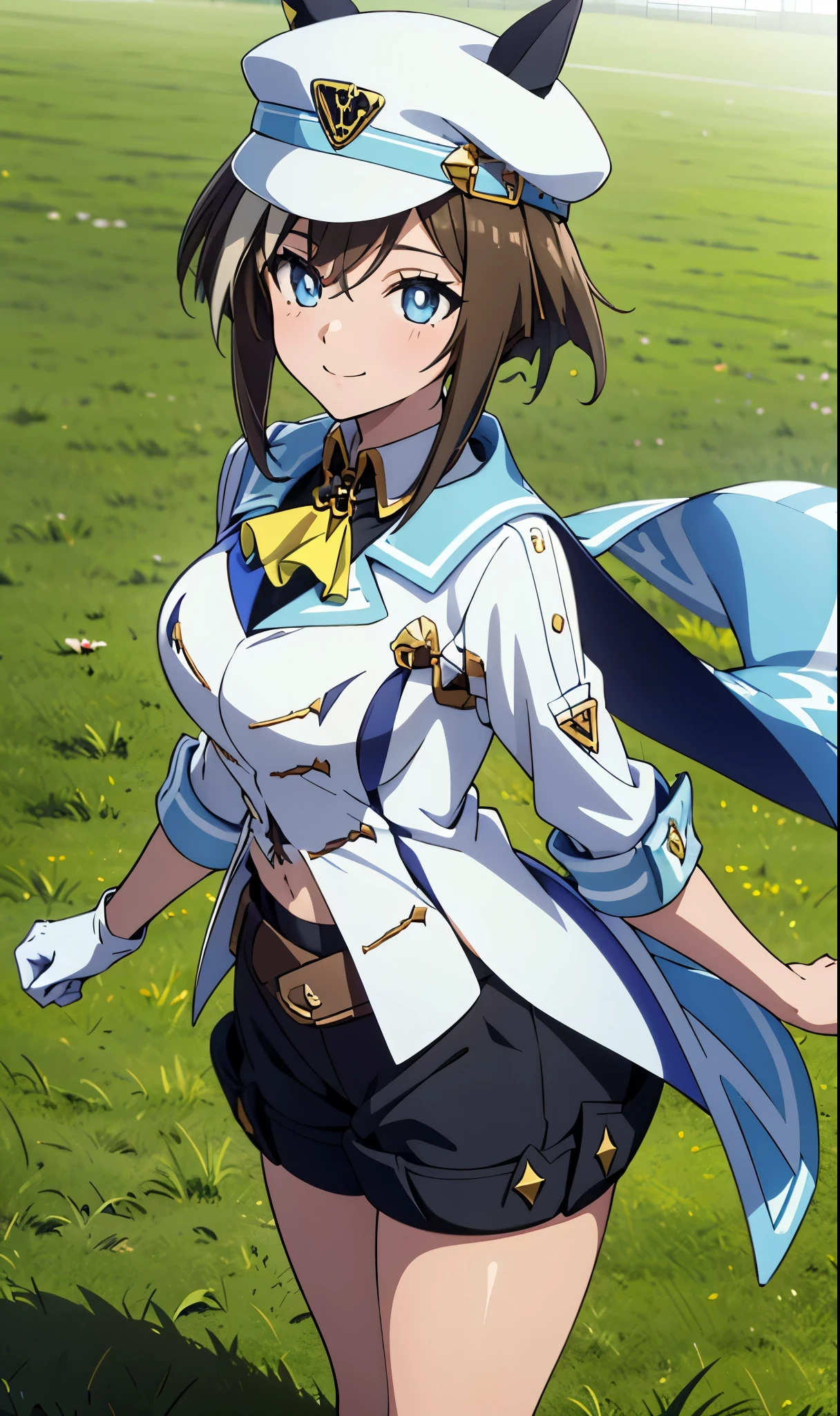 horsebig, horse ears, horse tail,hat, white jacket, ascot, cape, single glove, white gloves, shorts,1 girl, Alone, anime style,cute girl,Best Quality, super detailed, anime style,8k, high resolution, detailed face, Character's Upgraded Image,((smiling)),I'm dyeing my cheeks a little red,((Competition clothes)),((Hold down hair fluttering in the wind)),morning,Dazzling Sunlight,On the racecourse lawn,(image viewed from the front),Above the thighs image,(Upgraded image above thighs),(Smooth Thighs)