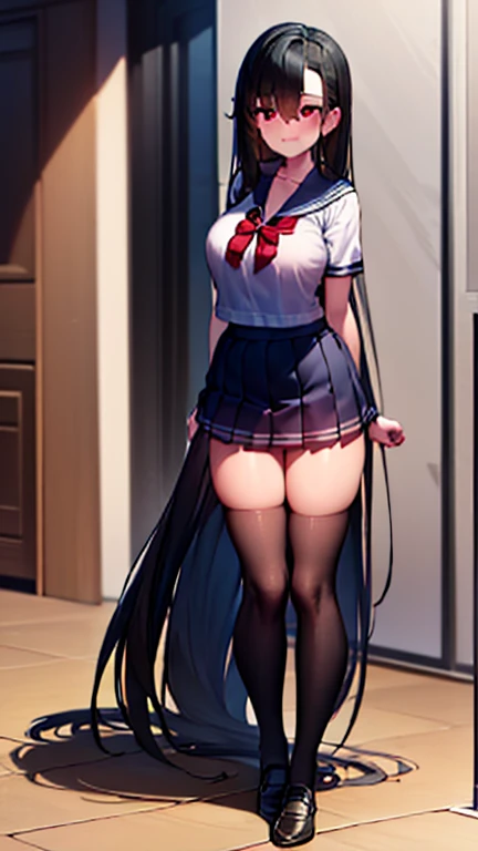 (Extremely detailed CG unity 8k wallpaper, masterpiece, best quality, excellent detail), (high saturation, best shadows, best lighting, extremely exquisite and beautiful), floating,
Show off your underwear, lift your skirt to the front, maid clothes, black thigh socks, big tits, big thighs, look at the viewer, blush, shy, wry smile, black hair, blue eyes,