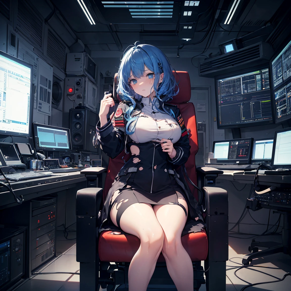 (((masutepiece))), (((Best Quality))), ((Ultra-detailed)), (High Definition CG Illustration), ((extremely delicate and beautiful)), Cinematic Light,((1 Mecha Woman)),Solo,Mature,large full breasts,Plump, Full body,(Machine-made joints:1.2),((Mechanical marginal vessels connected to tubes),((mechanical cervial attaching to neck)),(Sitting),(wires and cables attaching to neck:1.2),(wires and cables on head:1.2)(Character Focus),Science fiction,((ighly detailed,Colorful)),highest details