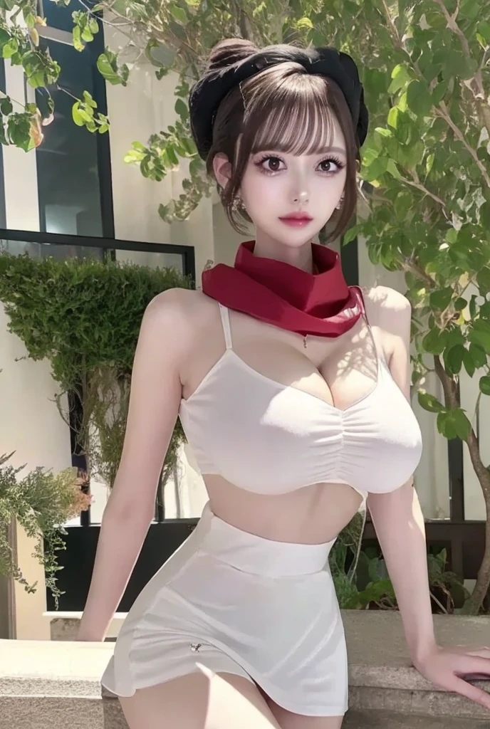 The girl was standing in front of the camera full of confidence and radiance. She wore a sexy super short skirt, pristine white dress. The breast is moderate and slightly exposed from the bra. Pale pink, Long and shiny black hair, Cleverly styled into small braids. Her face is lightly and proportionately made up. Proportional body, spotless.