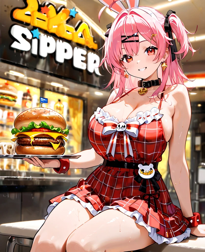 Toy Chica Lora Five Nights at Freddy Love Tast sexy Robot, Super huge big breasts breast enlargement Eating pizza in a one-seat restaurant blushing full body shot illustration, ultra-detailed, HDR, vibrant colors, soft lighting

