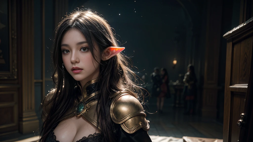 3D rendering, Рендеры Octane, (Unreal engine), fantasy settings, game character, conceptual art, close-up, ((isekai fantasy world)), in room, dungeon, ((holding a sword)), Leiladef, In Leijarn, elf ears, wear leather armor