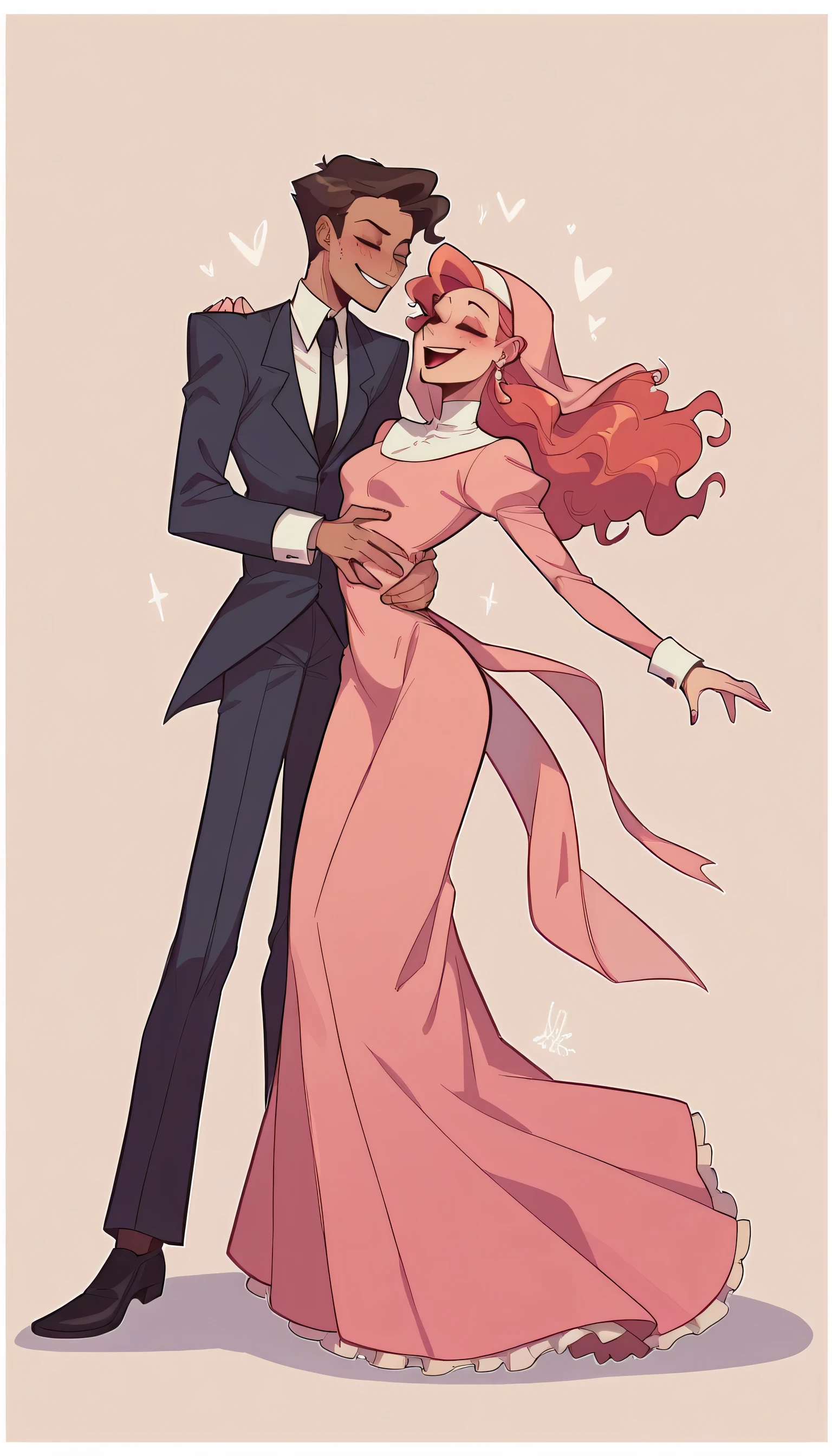 better quality, very detailed illustration ,two people, boy and girl, couple, long ruffled voluminous bouncy hair , playful look, delgado, ideal body, thin waist , wide hips, simple drawing, Artifyber style , pastel flat colors , nun outfit, long dress with frills, princess, suit and tie, fancy, tall thin human man, dancing, full body