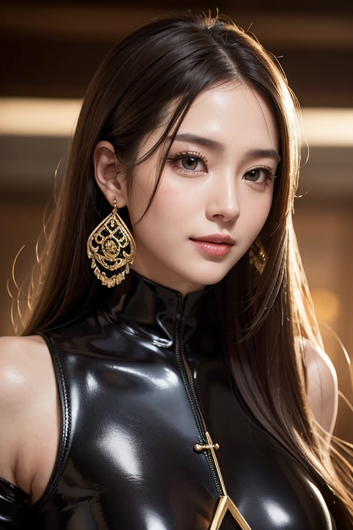 Latex bodysuit、Knee-high boots、Huge 、Long brown hair、Shiny, Oily skin、Glowing Skin、Indoor competition pool、White skin、 Body Portrait, 8k, Narrow and beautiful eyes, Dindal effect, masterpiece, 最high quality, high quality, High resolution, Very detailed photos, (Natural skin texture, Fine skin, Hyperrealism, Ultra Sharpness) , Skin with attention to detail, (Very fine, Fine skin texture, Intricate details, Beautiful Face, (A vivid face), Realistic eyes, Beautiful and detailed, Realistic Skin, Beautiful Skin, surreal, Very detailed, Golden Ratio, Smiling Eyes, ((Night moonlight background)), Body Portrait, glamorous, Shiny Bodysuit