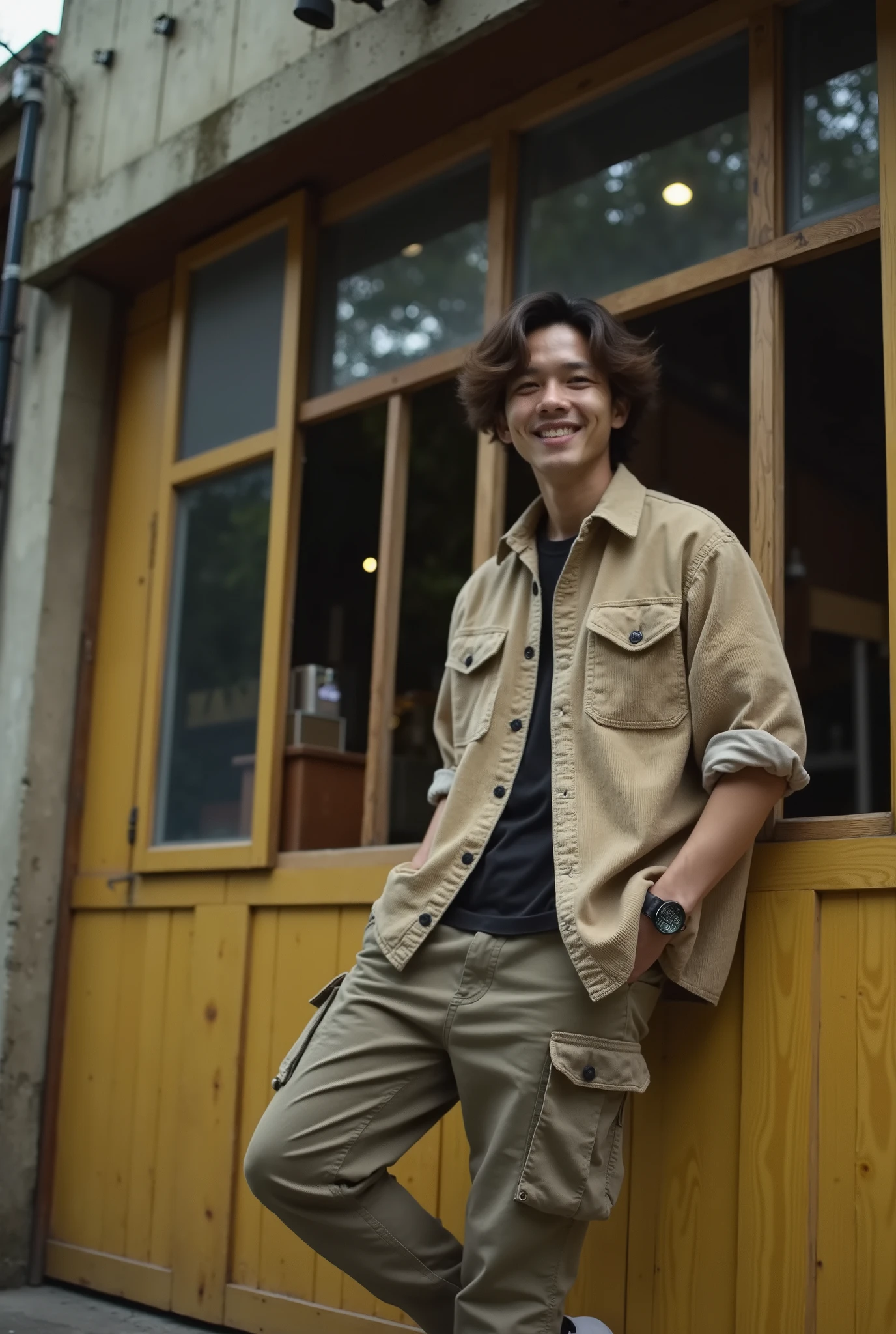 Masterpiece, best quality best, ung man, Asian man, East Asian people, one person, The muscles are in good proportion., Posing obscenely, short hair details,smile, white teeth, jacket set, road background, Realistic style,photography,Can be seen from the front, see viewers