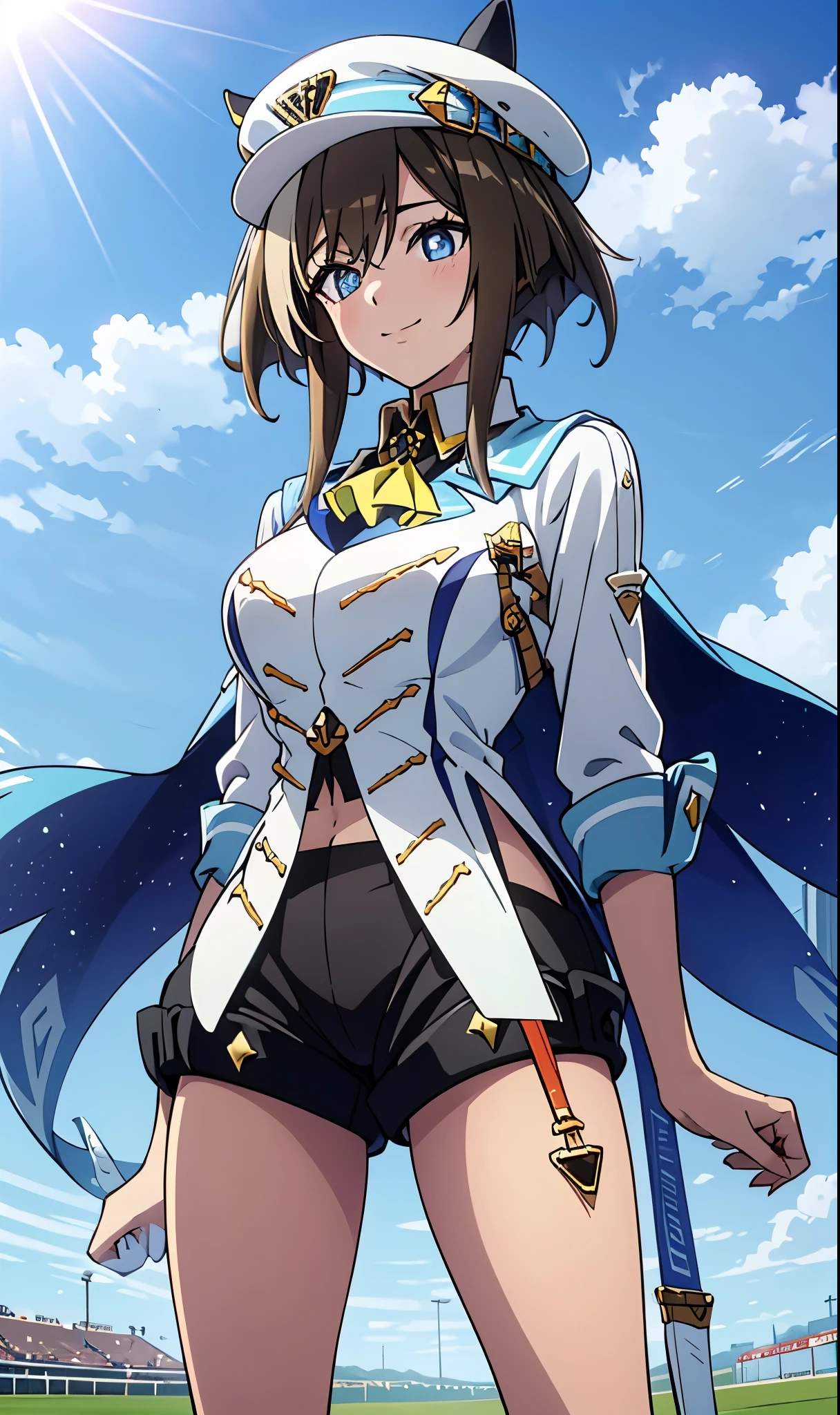 horsebig, horse ears, horse tail,hat, white jacket, ascot, cape, single glove, white gloves, shorts,1 girl, Alone, anime style,cute girl,Best Quality, super detailed, anime style,8k, high resolution, detailed face, Character's Upgraded Image,((smiling)),I'm dyeing my cheeks a little red,((Competition clothes)),((Hold down hair fluttering in the wind)),morning,Dazzling Sunlight,On the racecourse lawn,(image viewed from the front),Above the thighs image,(Upgraded image above thighs),(Smooth Thighs)