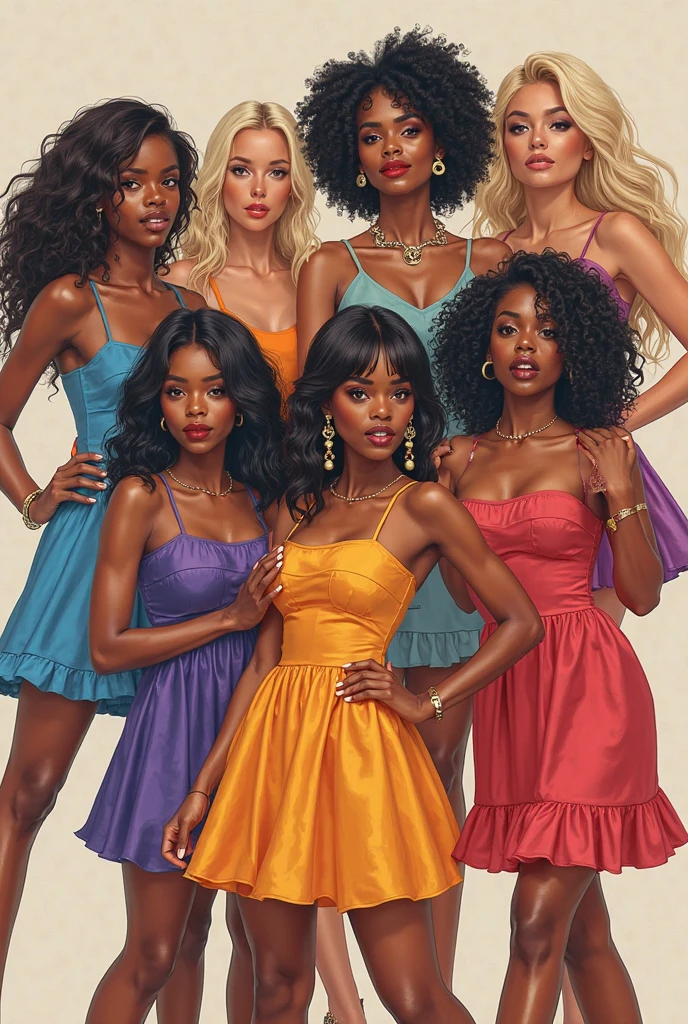 brown skin color, blonde curly hair ,green dress