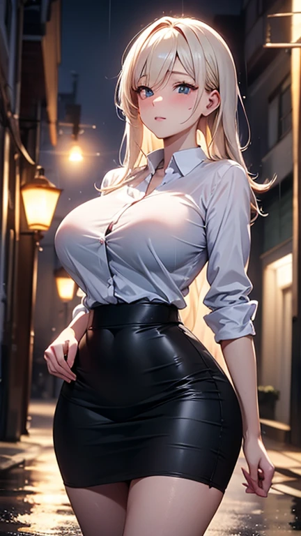 absurd, 8K, high resolution, ultra-detailed, beautiful, masterpiece, best quality, very pretty woman, young, very pretty woman, black mini skirt, open white shirt, high black shoes, blue eyes, sexy, detailed female face, very attractive, (very large breasts: 1.5), long, very straight hair, light blonde hair,