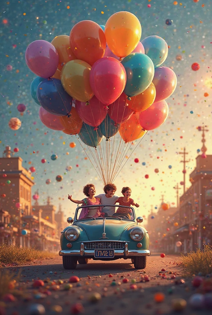 Create a city filled with only blue and yellow balls and lots of blue and yellow cars with a blue sky and a single boy around it..