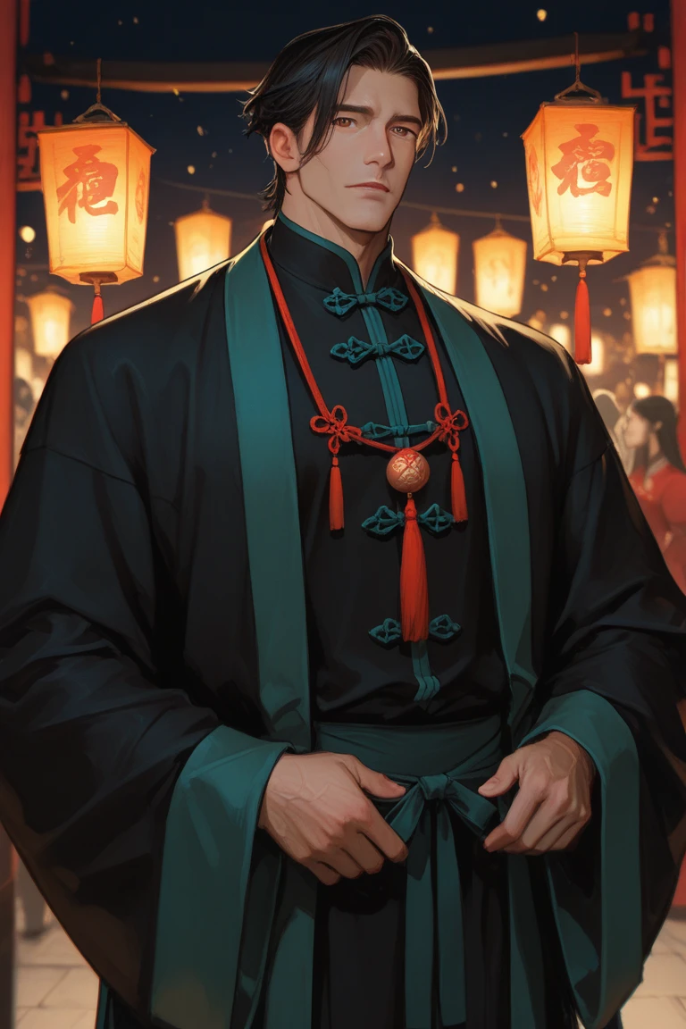 A poster,It shows a man standing in front of a tree, Chiba Yudai, Golden Chinese text, lu ji, Ghost Festival, Wang Chen, Chinese Ghost Festival, screenshot, 🚀🌈🤩, 🚀🚀🚀, screenshot