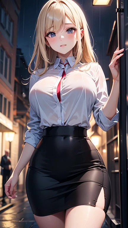 realistic, High resolution, soft light,1 female, alone, hip up, glowing skin, (detailed face),tattoo, jewelry, Secretarial Uniform, white shirt, black skirt, black stockings, garter belt, night, blonde hair, wavy hair, Beautiful Soldier, Eyes that invite the viewer, lover's perspective, an inviting look, sexy smile, perfect style, perfect balance, fine skin, naughty look, I can see your chest
