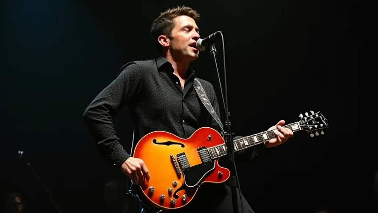 A male musician passionately sings into a microphone while playing a semi-hollow body electric guitar with a sunburst finish. He is dressed in a stylish black, long-sleeved, button-up shirt with a subtle dotted pattern, tucked into well-fitted black trousers. His slicked-back hair and expressive facial expression show deep emotion as he performs. His left hand is positioned on his hip, while his right hand reaches towards the microphone stand, adding intensity to his stage presence. The dimly lit background emphasizes the performer, creating a dramatic atmosphere with a vintage concert aesthetic. The warm tones of the guitar contrast beautifully with his dark clothing, making him the focal point of the scene