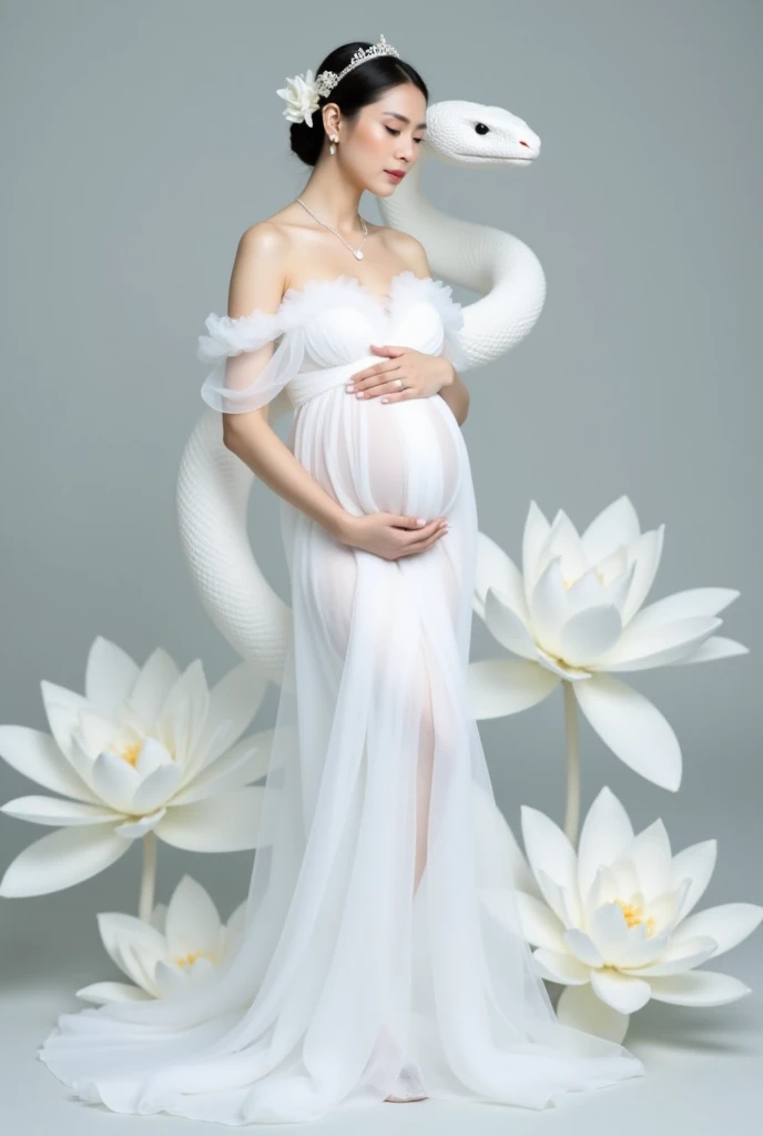 pregnant woman in a flowing dress posing for a picture, cover shot, “hyper realistic, cover. photo : david roemer, flowing gown, soft elegant gown, draped in flowing fabric, award winning studio photo, endless flowing ethereal drapery, beautiful gown, ellie victoria gale, gown, award winning fashion photo, cait miers, monia merlo