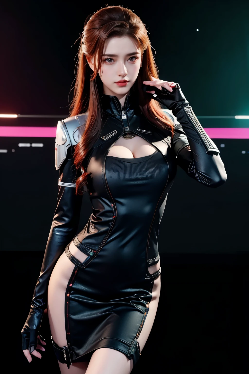 tmasterpiece,Best quality,high resolution,8k,(image like),((Close-up shot)),( original photo ), real photos,Digital photography,(Women in Cyberpunk Style Uniforms:1.2),(Professional ladies),20-Year-Old Girl,Random Hairstyle,Red Hair Gradient Green),Serious and obsessive,cleavage, accessories ,Red lipstick,Keep Your Mouth Cool and Charming, serious and arrogant, calm and handsome ,(Women's Sci-fi Workwear),Pose for a photo,Realisticstyle,gray world background,Best Quality Reflective Surface Display