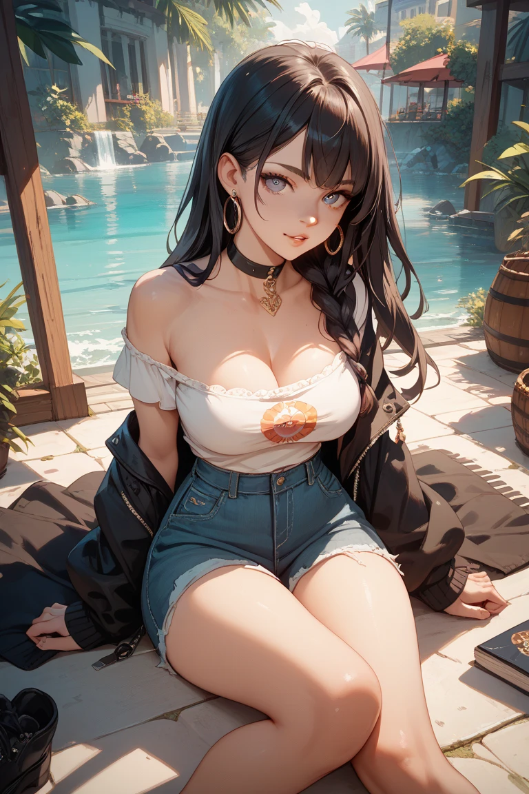 （best qulity，8K，The Masterpiece），(A pretty maiden，black  long hair，Long messy hair，ringlets，Huge eyes:1.3，Long eyelashes，Delicate makeup:1.4，Sexy lips，Blushlush)，(Exquisite watches，Reflective necklace，Bulgari's earrings，Bulgari's ring)，(Sit in the hotel，Capture，Sit，sitting on a sofa，Sit and look at your laptop），（Fashionable outfits，dressed in a white t-shirt），（middle breasts，endure），(Black oily transparent pantyhose），（Black hip skirt），Light ripe，Royal sister，best light，best shadow，Cinematic Lights，28 years old，1girls，need，（realskin，Supple skin）raytraced，Unreal Engine 5，Reflective skin，Digital illustration，Game CG characters，super model，（kpop,idol），(Body edge lighting，Colored light sources are around)，There is wind blowing hair，Looking into the distance，