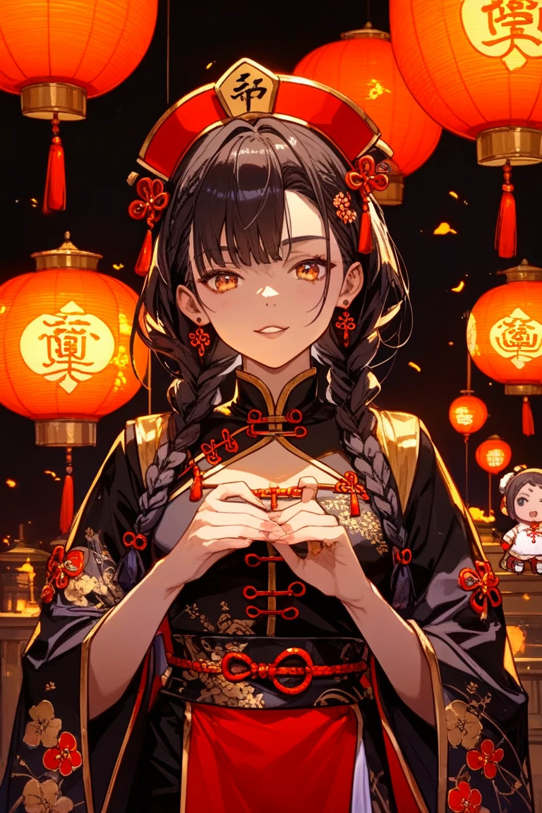 1girl, dragon girl, (horns), (tail), young, skinny, black hair, double bun, red eyes, mascara, freckles, freckles on body, pinup, chinese dress, pantyhose, chinese lantern, chinese new year, nighttime, chinese temple background, blush, smirk, oriental dragon, holding red envelope, festival, party, <lora:dragon girl_20240110103648:0.8>
