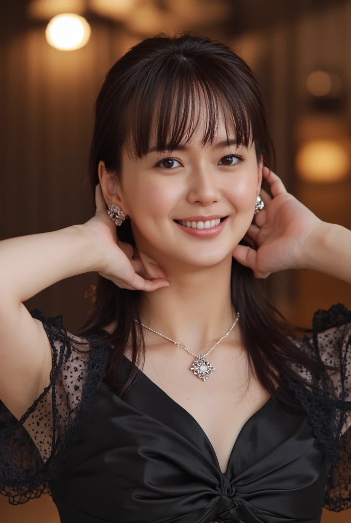 1 beautiful Japanese girl, Super beautiful detailed face, (bra, various lingely, stockings):1.4, (smile:1.3), ((various posing)), 20 years old,(various hair style, bangs), earrings, small breast, chubby body, cowboy shot, BREAK, masterpiece, best quality, ultra quality, high quality, realistic, photo realistic, RAW photo, hyper detailed, intricate detail, (night, gorgeous room):1.4
