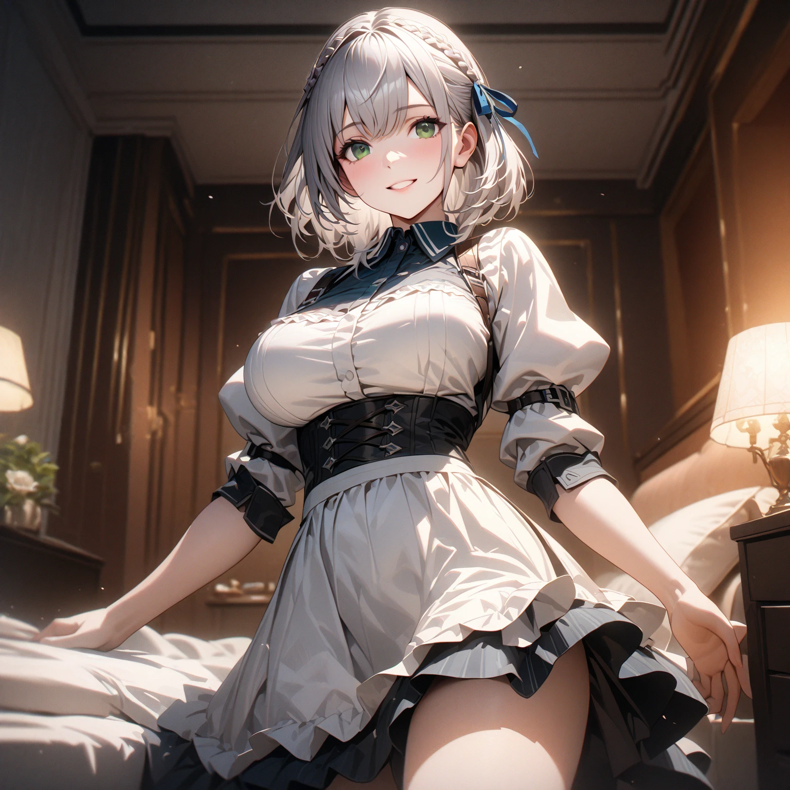 1 woman,beautiful white hair,beautiful purple eyes,Light pink blush,Light Red Lipstick,Facing the camera,Wearing a black T-shirt.,shorts,white skin,Put on a collar,White cat ears,smile a little,Standing in the bedroom in the morning,Put on a bracelet,(8K images),(Light and 4K),Outside the window there are cherry blossoms.,no cat,Wear black stockings,big breasts,Poke nipples