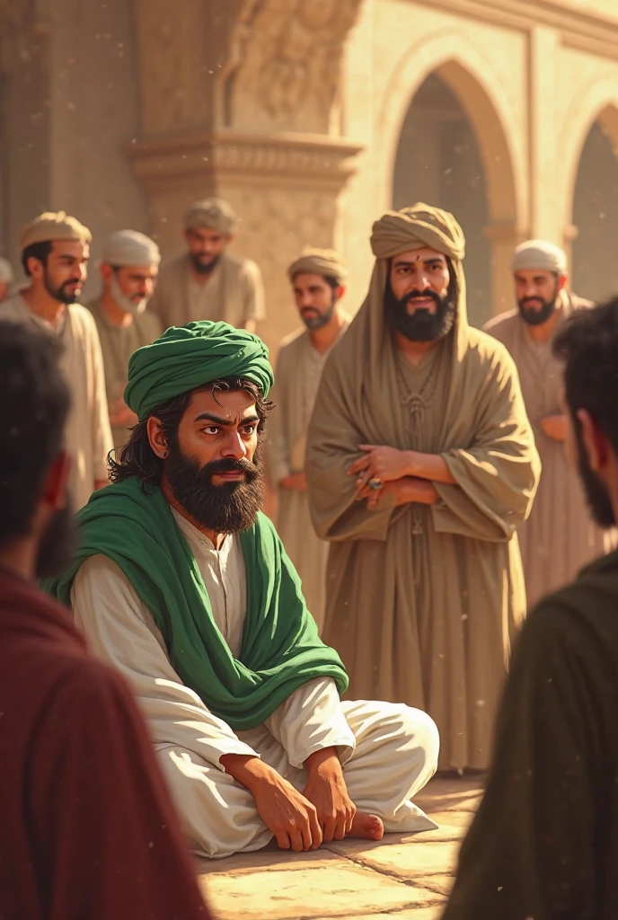 Image of the Prophet's companions looking on with worried and caring expressions, crowding around a robed person wearing a turban, who looks sad and emotional, while one companion asks curiously. 3d realistic