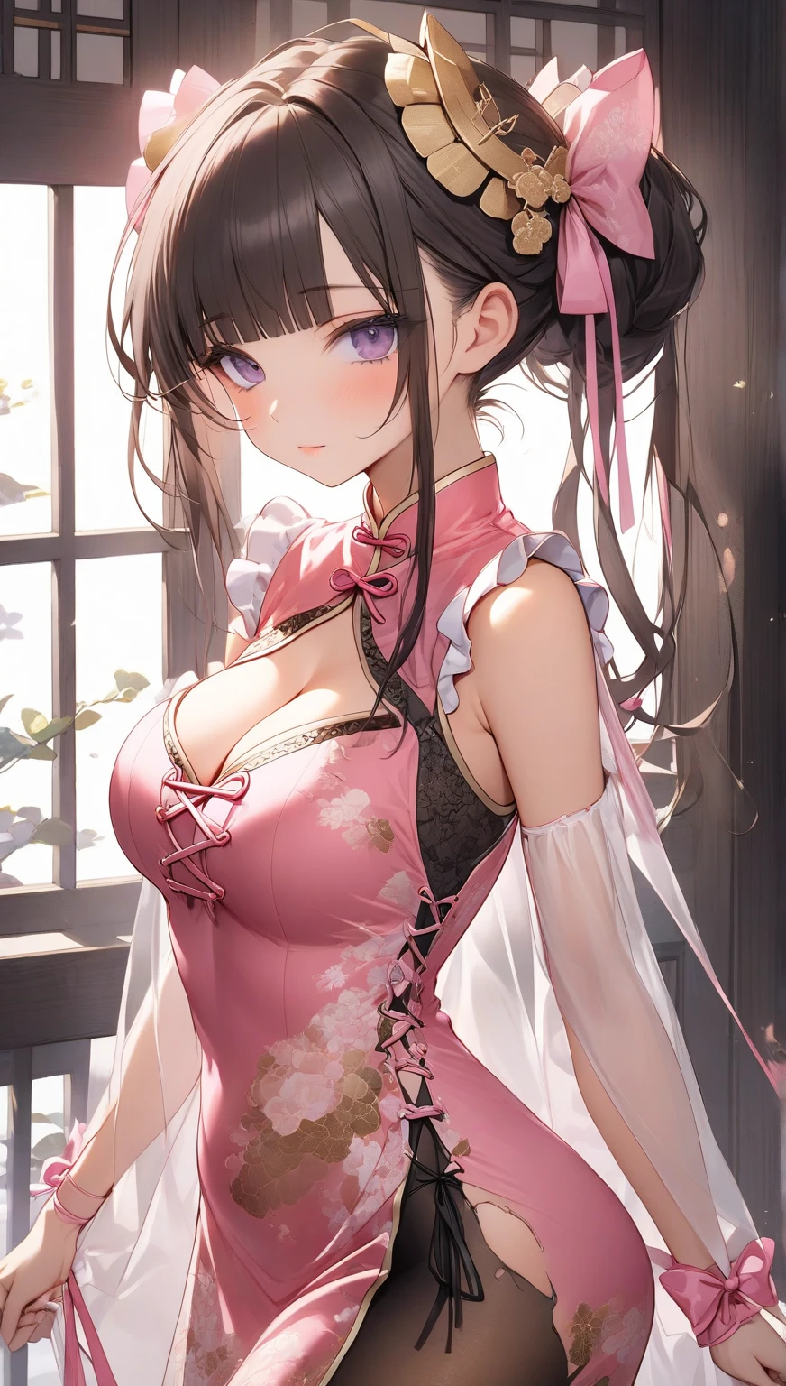 , One girl, alone, Long Hair, chest, dress, china dress, Brown Hair, Chinese clothing, large chest, Sitting, View Viewer, white dress, Exposing shoulders, White Background, No sleeve, hair ornaments, Thighs, flower柄プリント, No sleeve dress, bangs, hand fan, Simple Background, flower, Pelvic Curtain, Bare arms, Pink Eyes, Holding fan, fan, hair flower, flowerびら, Mouth closed, Holding