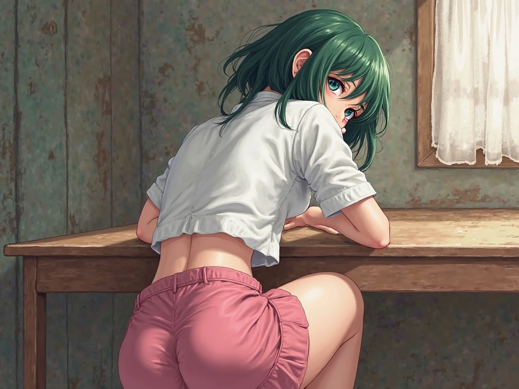[1girl, high elf archer \(goblin slayer!\), goblin slayer!], (large hips), (beautiful ass), back view, Highest quality, Super detailed, masterpiece, Ultra-high resolution, 8K, High Contrast, bent over, (Sailor uniform, micro mini skirt), (light blue striped see-through panties, Sticky panties, cameltoe), (bare back, crop back), Underboob, black stockings, (Thighs), (waist line), Shower room, (from above)