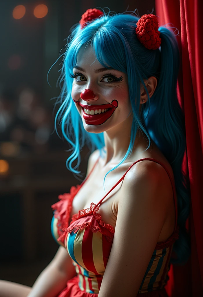 (medium full shot) of man, (mischievous jester) young woman, spanish, tan skin, turquoise eyes, slim build, extra long red pigtails hair, wearing a jester hat with bells, diamond-patterned tunic with tinkling bells, jester shoes , colorful scarf, set in  Clown Alley, area with clowns performing tricks, colorful decorations, children laughing, sound of honking horns and music, smell of cotton candy , at night, woman smiling at the viewer, Masterpiece,best quality, photo, realistic, very aesthetic, detailed face,