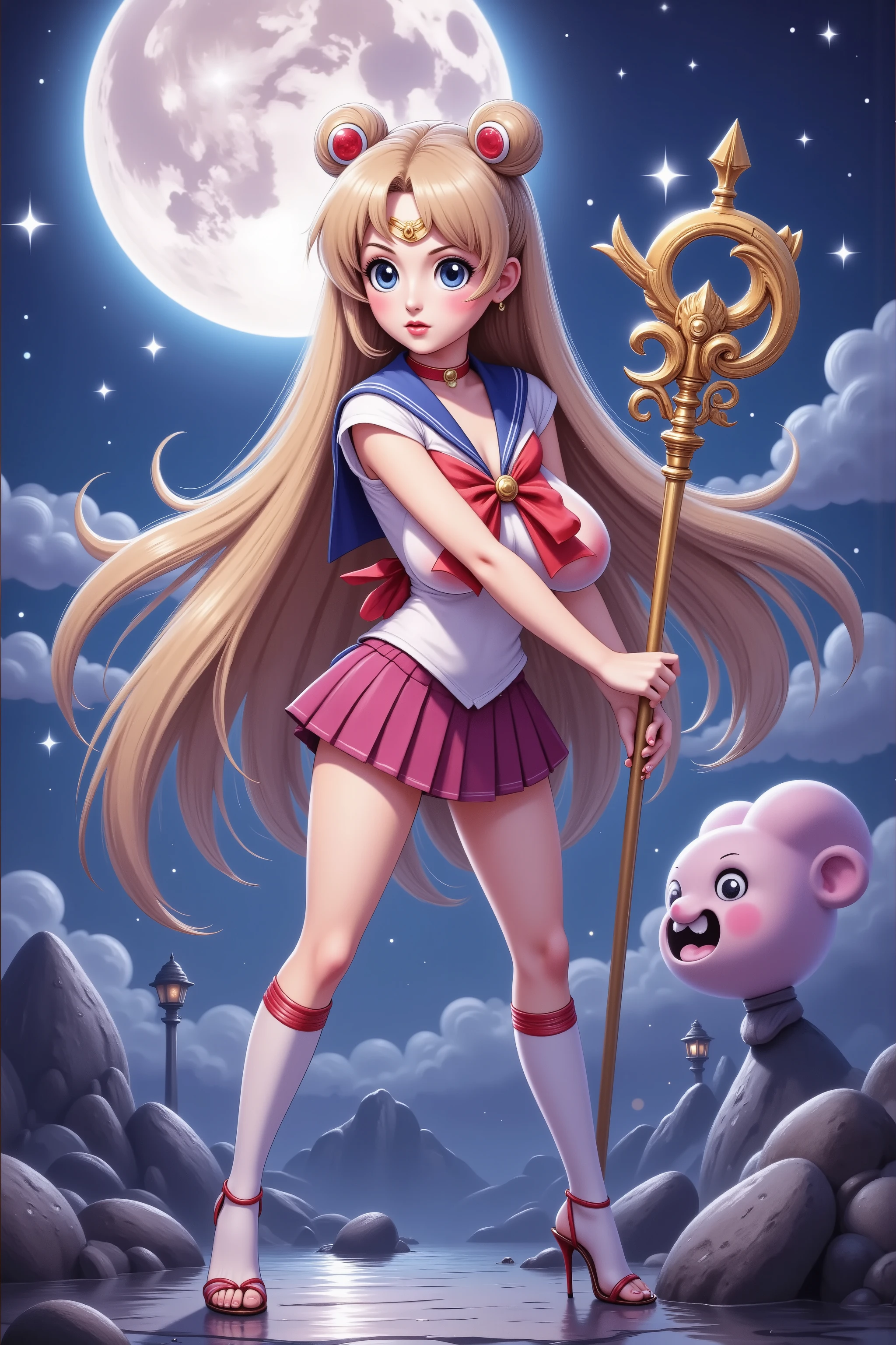 cute woman (swh, role of sailor moon, sexy sailor scout outfit, heroic pose, iconic sailor moon hairstyle, moon scepter), she is striking a heroic pose, moonlit night