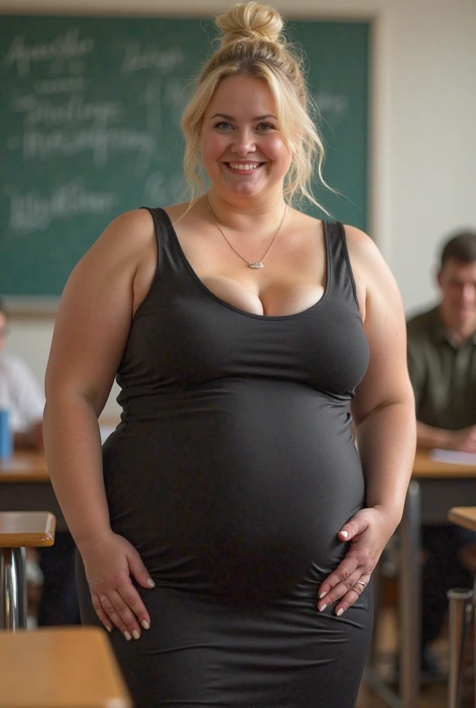 Pregnant women, Portrait of a 40 year old woman with very long blonde hair, very voluptuous body, Mature teacher in the classroom, Sexy smile, 8k, Detailed Background, Surreal, realism, School classroom, Browsing Caution, Pink high neck teacher uniform, Teacher Suit, skirt, showing whole body, whole body, big , Perfect breasts, Very large breasts, View the viewer from above, Expressionless, Soft lighting, Very detailed, Long Hair, Gothic Makeup, Sensual appearance, Curvy Model, very voluptuous body, Sensual body, Plus Size Women, Attractive plus size model, Pregnant women, blonde, Gothic Makeup,
