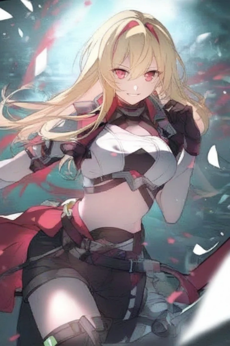 best quality, masterpiece, highres, solo, {mordred_fgo:1.15}, blonde_hair, long_hair, ponytail, green_eyes, braid, scrunchie, hair_ornament, red_scrunchie, bangs, hair_scrunchie, breasts, smile, small_breasts, 1girl, grin, looking_at_viewer, cleavage, collarbone, detached_sleeves, medium_breasts, floating_hair, holding, holding_sword, holding_weapon, navel, sword, weapon, bare_shoulders, red_sleeves