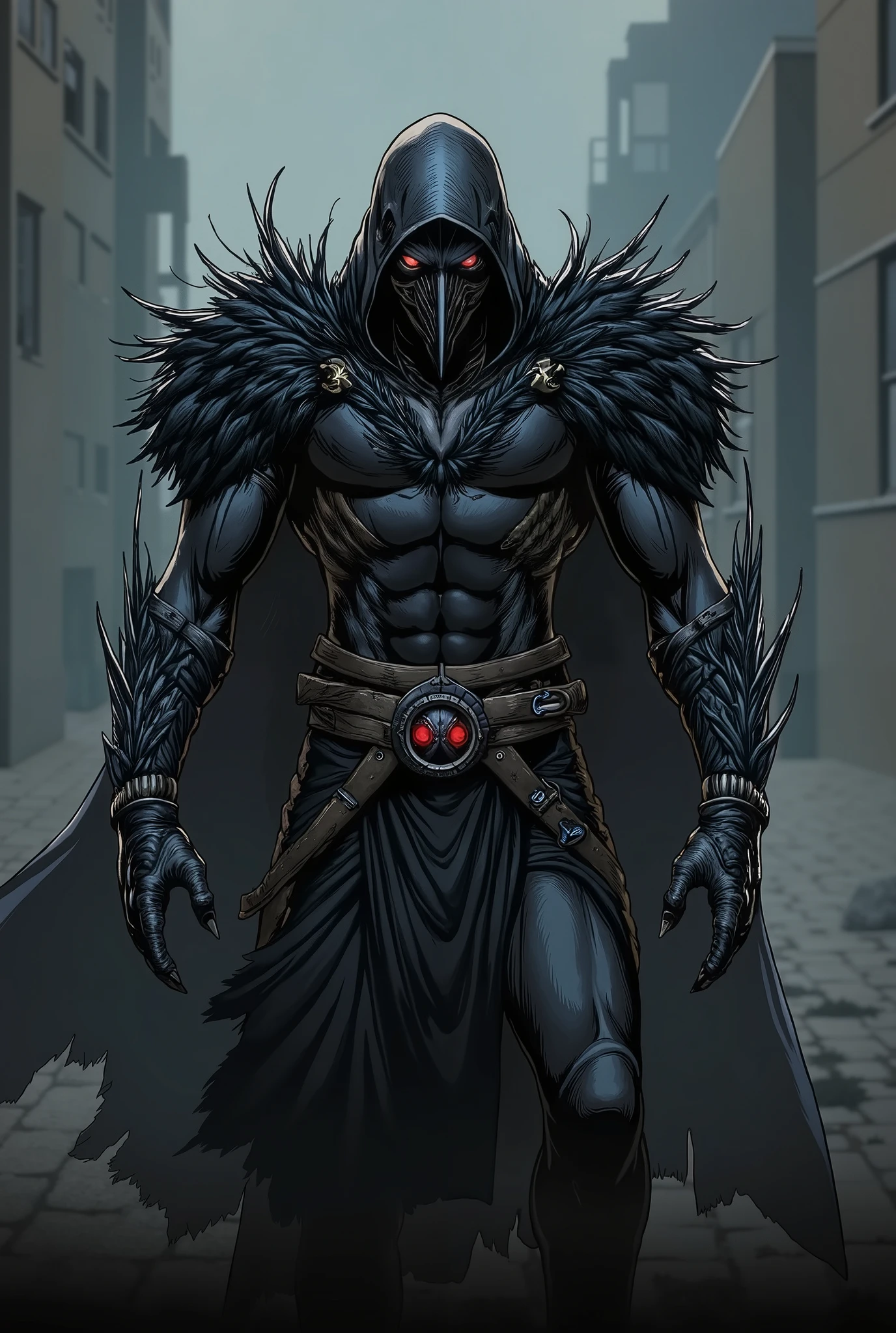 A comic book of the super hero name Nigth Claw,superhero, black outfit, with black feathers on the wrists, sharp crow claws, voluminous black feathers on the shoulders and neck, black hood and torn black cloak, a Crow face,muscular Black body,