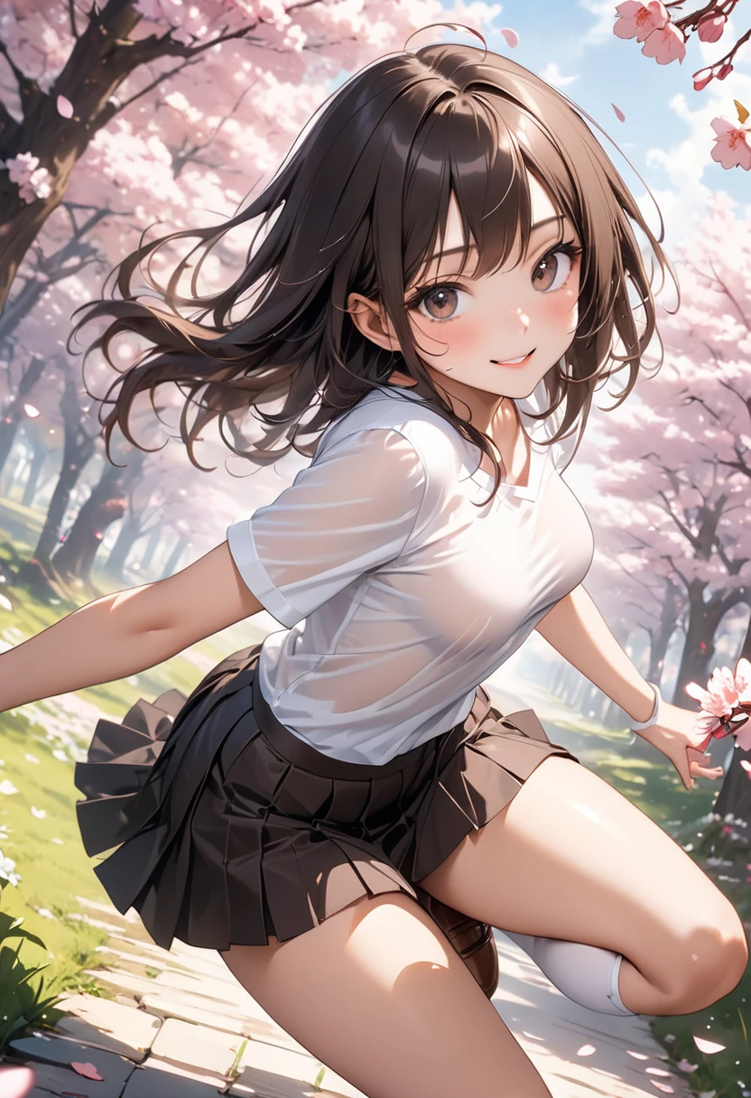 masterpiece, best quality, in a meadow, comic, bishoujo, medium breasts, barefoot, bare_legs, school uniform, fishnet pantyhose, black thighhighs, bare legs, skirt lift, oral/,