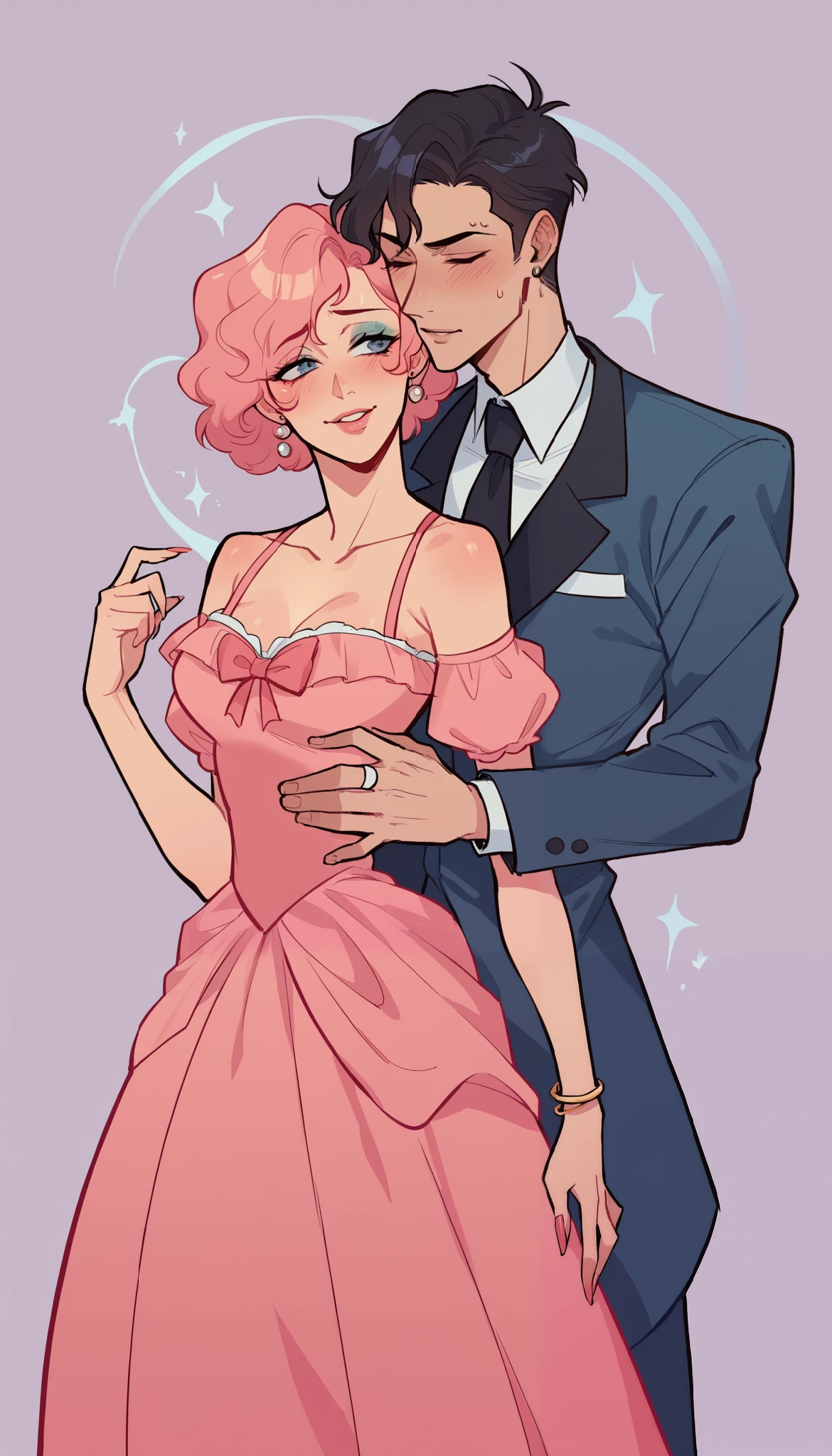 better quality, very detailed illustration ,two people, boy and girl, couple, long ruffled voluminous bouncy hair , playful look, delgado, ideal body, thin waist , wide hips, simple drawing, Artifyber style , pastel flat colors ,ball gown, off the shoulder sleeves, princess, suit and tie, fancy, close up, hugging from behind