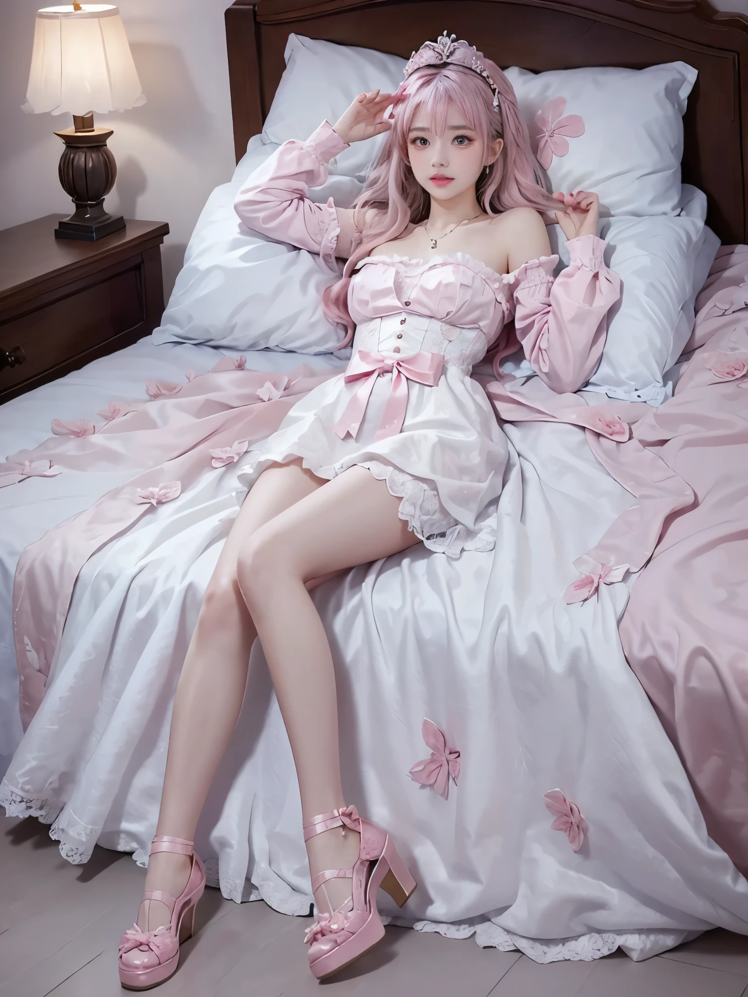 cyb dress,rabbit dress,white dress,rabbit skirt,shirt,animal print shirt,long sleeves,bow,pink bow,rabbit ears,rabbit print ,,(full body:1.3),(masterpiece, best quality, ultra detailed), 1 girl, lying on her back on a soft light blue bed, looking up with gentle expression, long flowing pastel pink hair with loose waves, styled with a small tiara and flower hair ornaments, one hand gently touching her hair near her head, the other arm resting along her side, legs slightly bent at the knees and crossed at the ankles, wearing a delicate layered light pink dress with sheer white overlay and butterfly details, light blue corset with pink ribbon bow, frilly pink off-shoulder sleeves, delicate lace necklace, pink ankle-strap heels, soft rim lighting, dreamy atmosphere, bedroom setting, wooden headboard in the background, scattered pink roses on the bed.