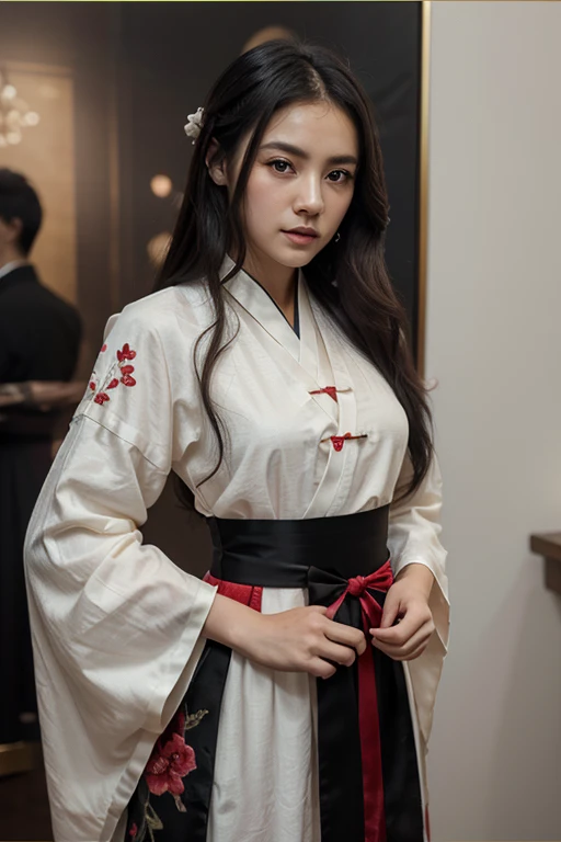 Chinese beauty, natural white skin, sexy top, long black hair and red lipstick, wearing gorgeous Hanfu and dark gray earrings, Chinese martial arts movie style, two hands tied up looking at others behind her, still image, film grain, film light, Fujifilm D55, lens: 50mm f/1.8. --ar 3:4 --style raw --stylize 250 --iw 0.5. sexy.