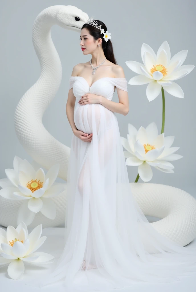 pragnant girl with long gown spred in floor and gown made with flower , dark blue background