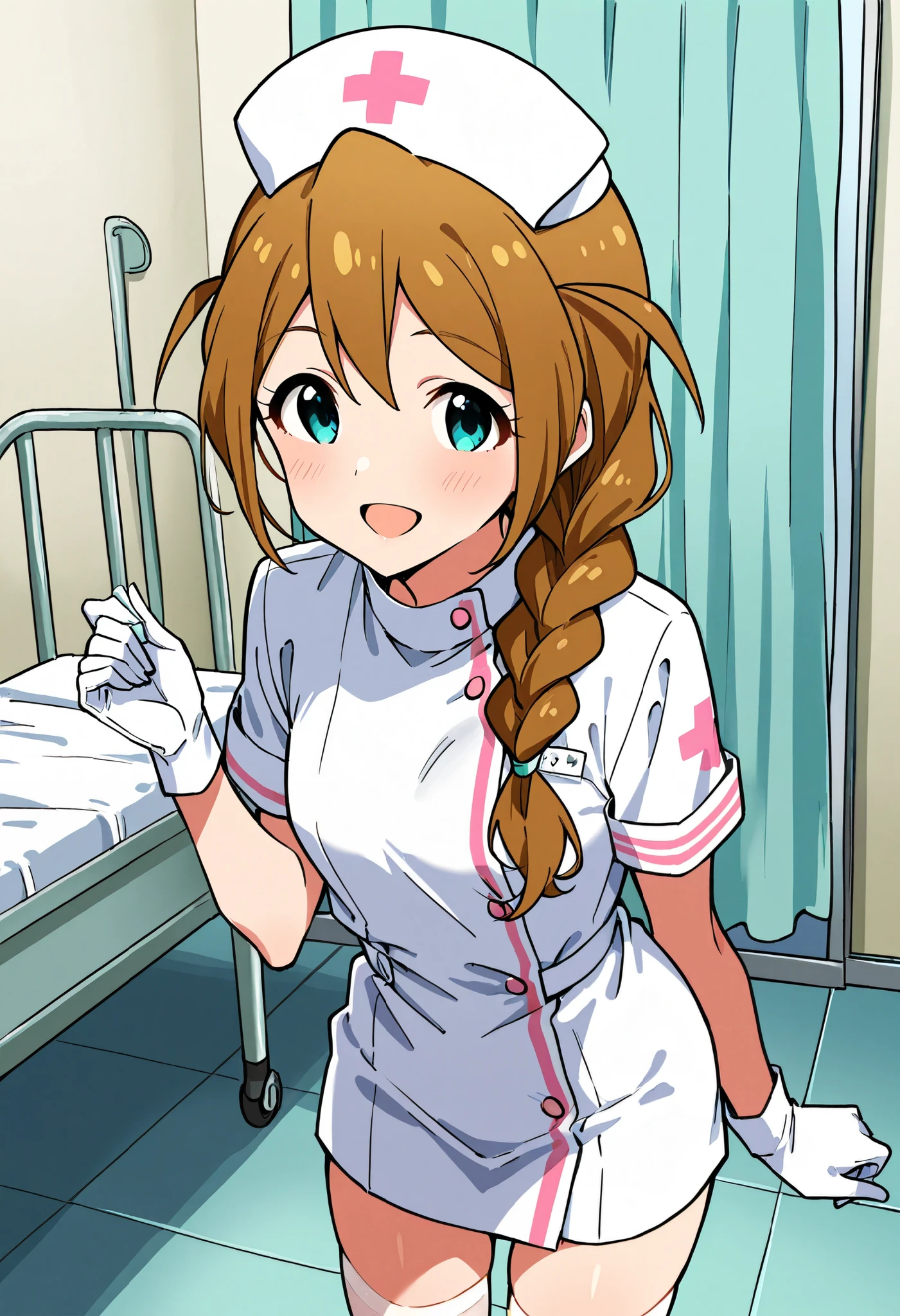 Score_9, score_8_up, score_7_up, source_anime, baba konomi, solo, single braid, brown hair, aqua eyes, hair over shoulder, small breasts, (best quality), (high quality), {masterpiece}, extremely delicate and beautiful, ultra-detailed, beautiful detailed eyes, nurse, nurse hat, ((white nurse's outfit)), white gloves, white thighhighs, hospital room, smile, open mouth, standing