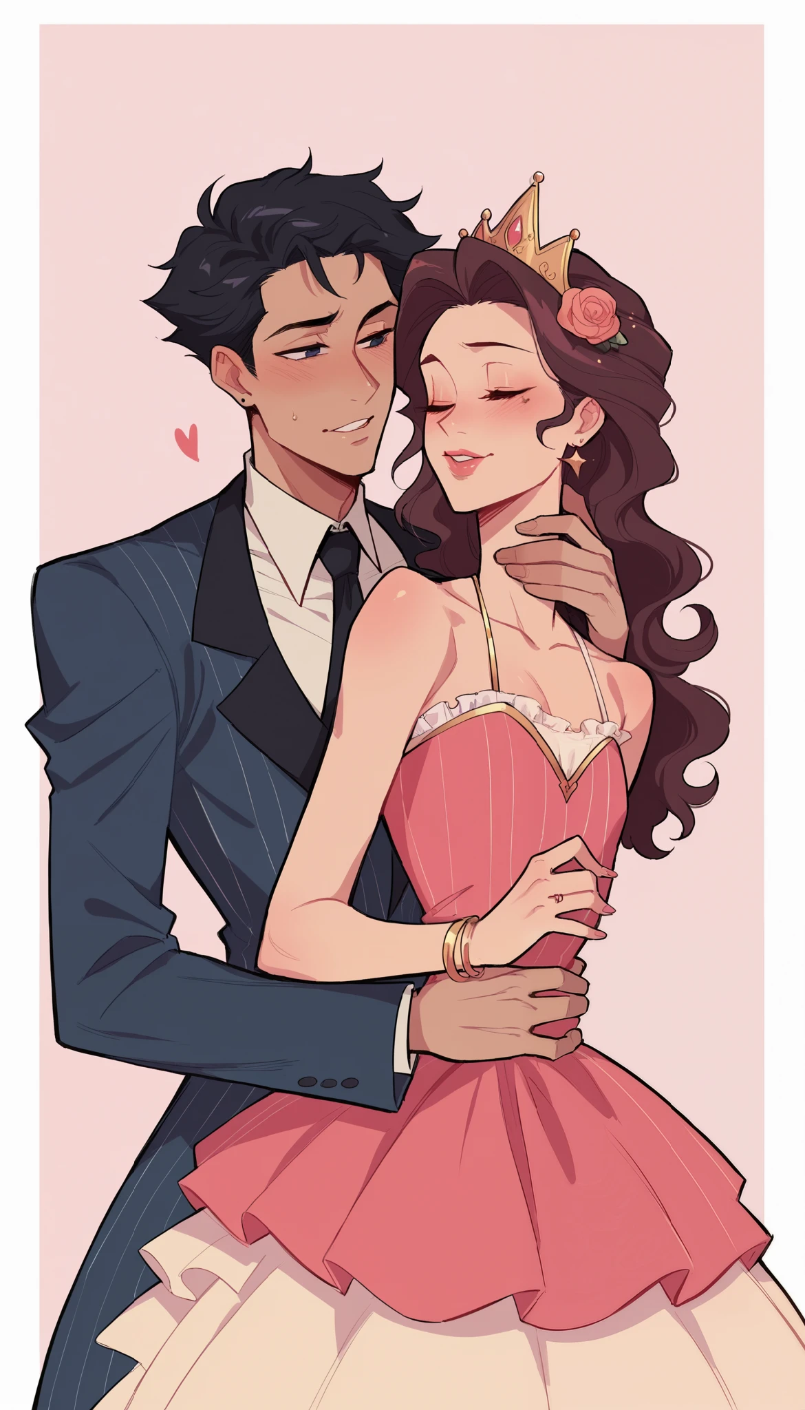 better quality, very detailed illustration ,two people, boy and girl, couple, long ruffled voluminous bouncy hair , playful look, delgado, ideal body, thin waist , wide hips, simple drawing, Artifyber style , pastel flat colors ,ball gown, off the shoulder sleeves, princess, suit and tie, fancy, close up, hugging from behind, flat chest