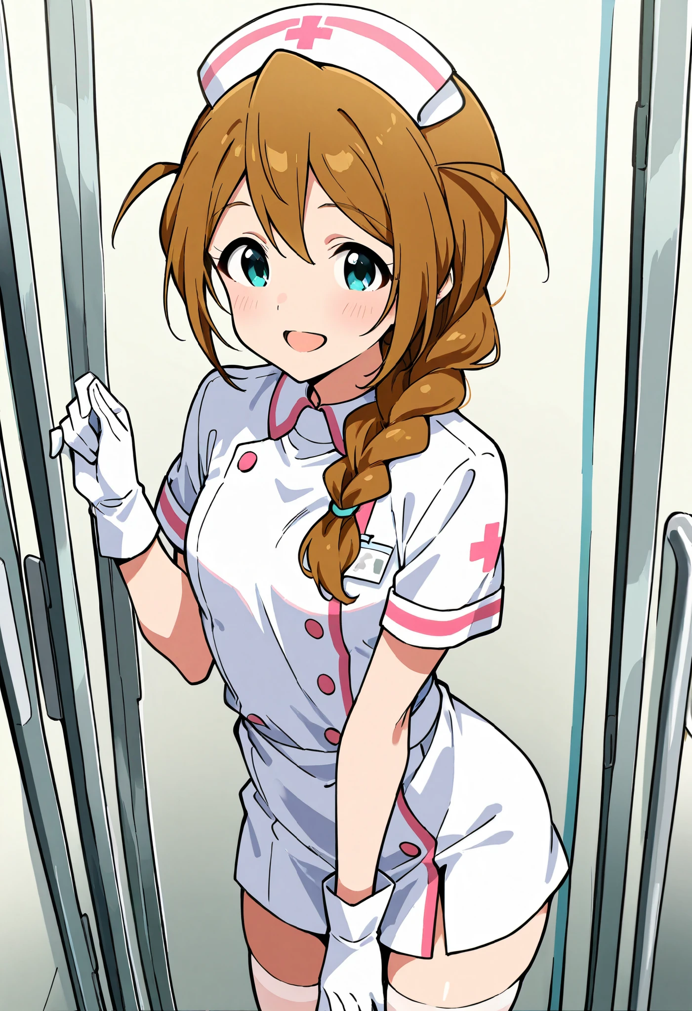 Score_9, score_8_up, score_7_up, source_anime, baba konomi, solo, single braid, brown hair, aqua eyes, hair over shoulder, small breasts, (best quality), (high quality), {masterpiece}, extremely delicate and beautiful, ultra-detailed, beautiful detailed eyes, nurse, nurse hat, ((white nurse's outfit)), white gloves, white thighhighs, hospital room, smile, open mouth, standing