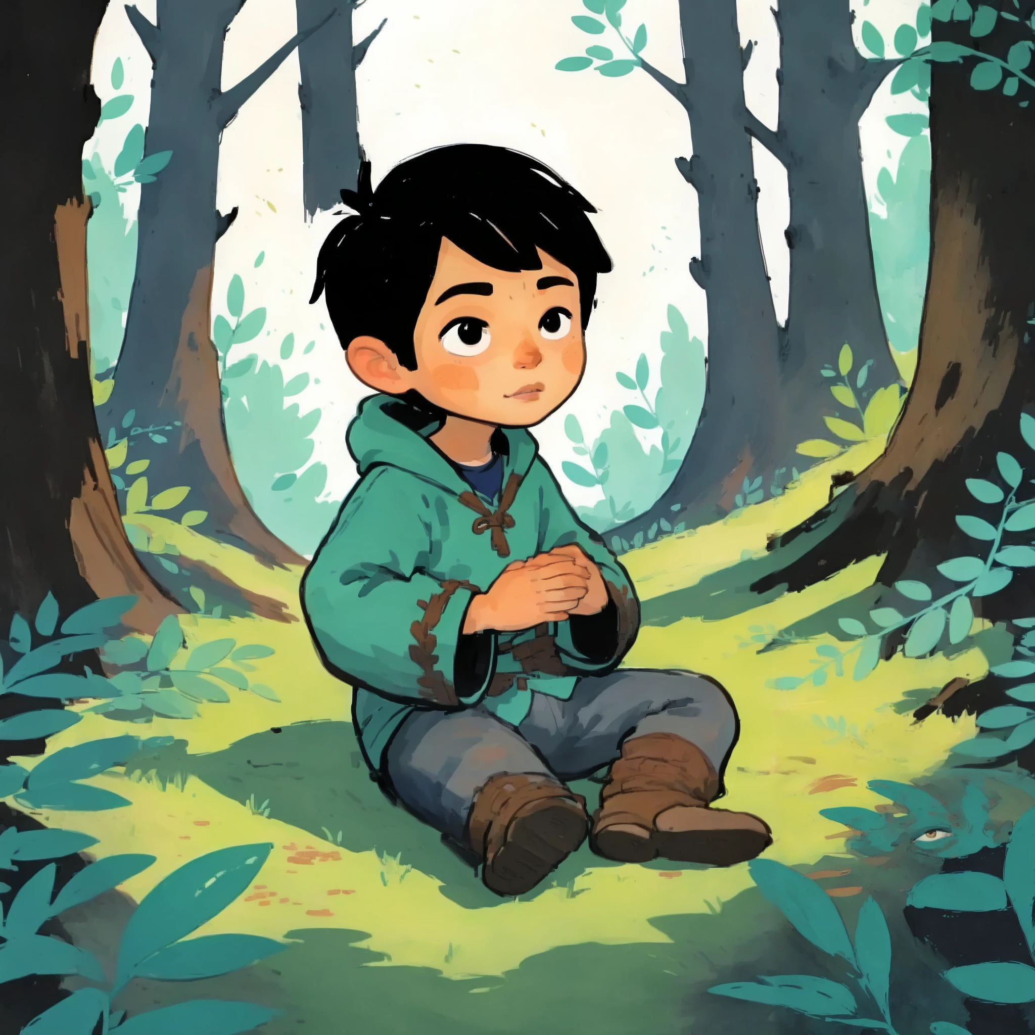 2D ART, hyper detailed gouache painting, illustration, gougoupaintleaves style, portrait of 1boy, solo, elfling, baby, toddler, detailed cute face, round features, medieval clothing, pointy ears, sitting in a dark forest, reaching for a butterfly, pov from above, frontal full body shot, on simple white background, full body shot, very detailed, picture books, FRESHIDEAS Illustration No. 12