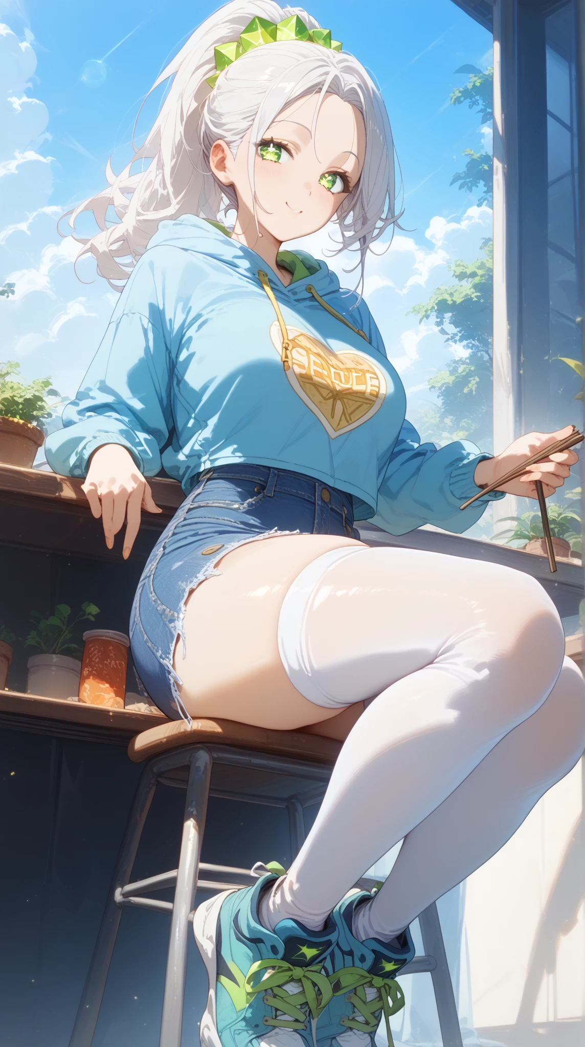 (flat:1.5),(cafe, window, sunlight, table, chair, sedentary:1.5) (big ass, thick thighs:0.7), (warm light source:1.2), intricate details, volumetric lighting, Realism BREAK(masterpiece:1.2), (top quality), 4K, ultra detail, (Dynamic configuration:1.4), Very detailed and colorful details,(rainbow colors:1.2), (shining lights, atmospheric lighting), dreamy, magical, (alone:1.2), intricate details, cheeky expression, (big breasts:1.5), (green eyes:1.5), (a devastated expression, dead eyes, dark atmosphere:1.5), (Green long hair:1.5), (shoes, buttoned dress shirt, Small hat,Small and tight denim shorts:1.5), (chubby, Belly Fat:1.5), (beautiful eyes, flushing:1.5),(human ear,thin legs:1.5),(chair에 sedentary, diagonal shot:1.5), (embarrassing:1.5),(diagonal shot:1.5)