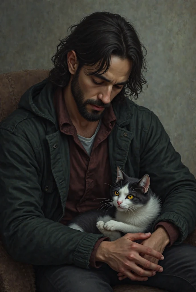 Cat and depressed man