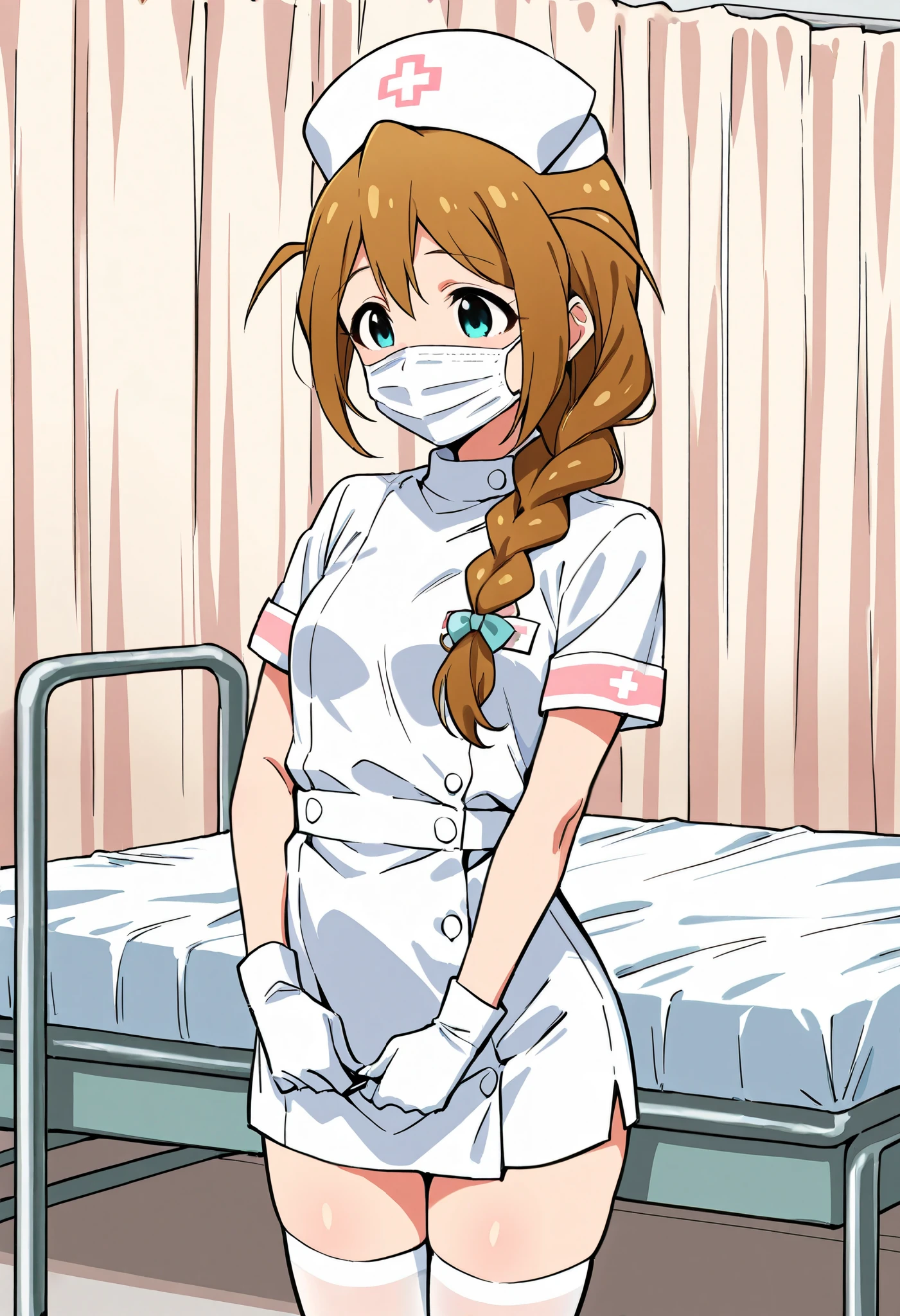 Score_9, score_8_up, score_7_up, source_anime, baba konomi, solo, single braid, brown hair, aqua eyes, hair over shoulder, small breasts, (best quality), (high quality), {masterpiece}, extremely delicate and beautiful, ultra-detailed, beautiful detailed eyes, nurse, nurse hat, ((white nurse's outfit)), white gloves, white thighhighs, hospital room, ((white mask, mouth mask, covered nose)), standing