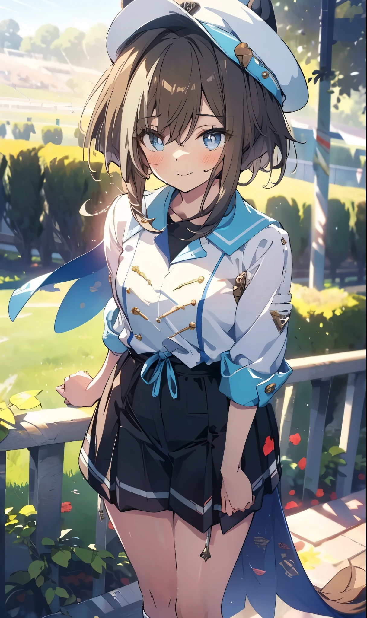 big horse \(umamusume\),1 girl, Alone, anime style,cute girl,Best Quality, super detailed, anime style,8k, high resolution, detailed face, Character's Upgraded Image,((smiling)),I'm dyeing my cheeks a little red,((Competition clothes)),((Hold down hair fluttering in the wind)),morning,Dazzling Sunlight,On the racecourse lawn,(image viewed from the front),Above the thighs image,(Upgraded image above thighs),(Smooth Thighs)