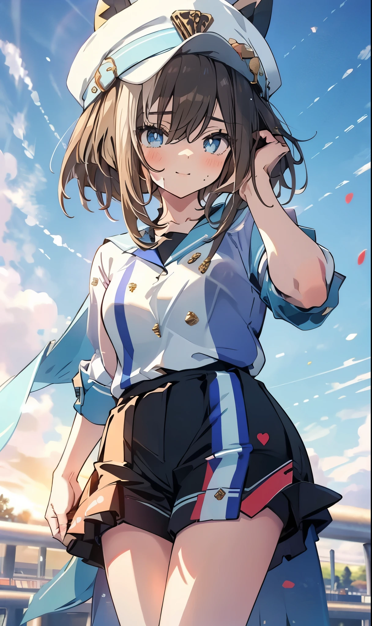 big horse \(umamusume\),1 girl, Alone, anime style,cute girl,Best Quality, super detailed, anime style,8k, high resolution, detailed face, Character's Upgraded Image,((smiling)),I'm dyeing my cheeks a little red,((Competition clothes)),((Hold down hair fluttering in the wind)),morning,Dazzling Sunlight,On the racecourse lawn,(image viewed from the front),Above the thighs image,(Upgraded image above thighs),(Smooth Thighs)