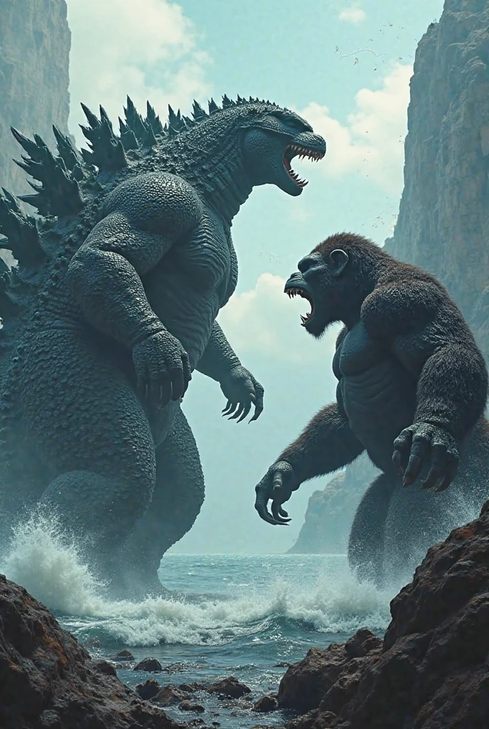 Ice Godzilla fighting giant Wolverine in a city completely destroyed after Apocalyptic