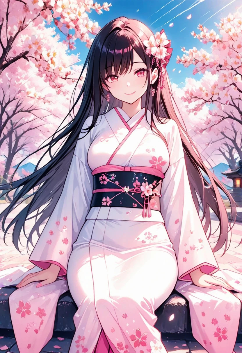 masterpiece, best quality, amazing quality, 1woman, white very long hair, smile, closed mouth, pink lips, kimono, beautiful background, at midnight, glowing kimono, Cherry blossom,