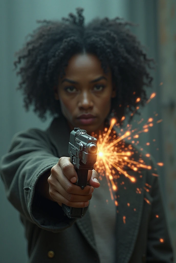 4D portrait of A black woman shooting her gun at the viewer, bullet shells falling out of the gun as she shoots, depicted as an explosion of a nebula, Oil Painting, 3/4 Profile view, detailed embroidery, Moody chiaroscuro lighting, hight resolution