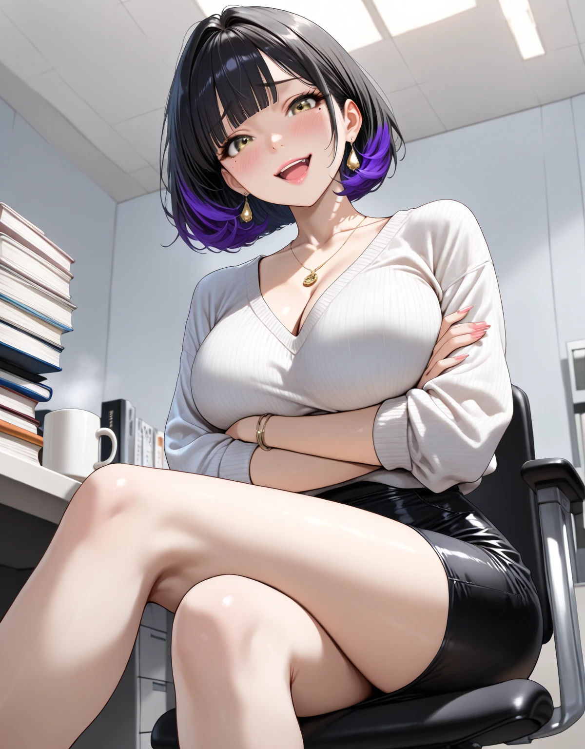 {lady with shoulder-length black hair named Rico}, business suits,tall,''short hair,lovestruck,grossy lips, (It feels like saying Hello, daytime hours), indoor,{going out style}, ((Heart-shaped choker) ), (office room), Bright background,purple eyes, Mole under the eye, Heart-shaped purpils, ((Masterpiece)), Highly detailed CG Unity 8k wallpaper), Top quality,, Detailed background, beautifully detailed eyes, heart shaped pupils,hollow eyes, looking at viewer,(very delicate and beautiful)), ((beautiful) eyes (detailed description),extra large breasts, ,floating heart,sadistic smile,growing eyes,try to show me legs,sitting on chair,black lace,shirts,earring,from ,stick out ass,tight skirt,thighhigh,put hands on skirt,glowing eyes,,garter,no sleeve,summer sweater,masterpiece,turtleneck