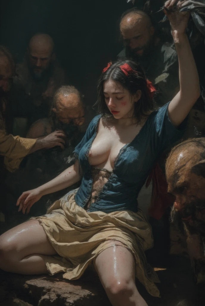 on fours, off shoulder, deep cleavage, zombie crowd grabs shoulder